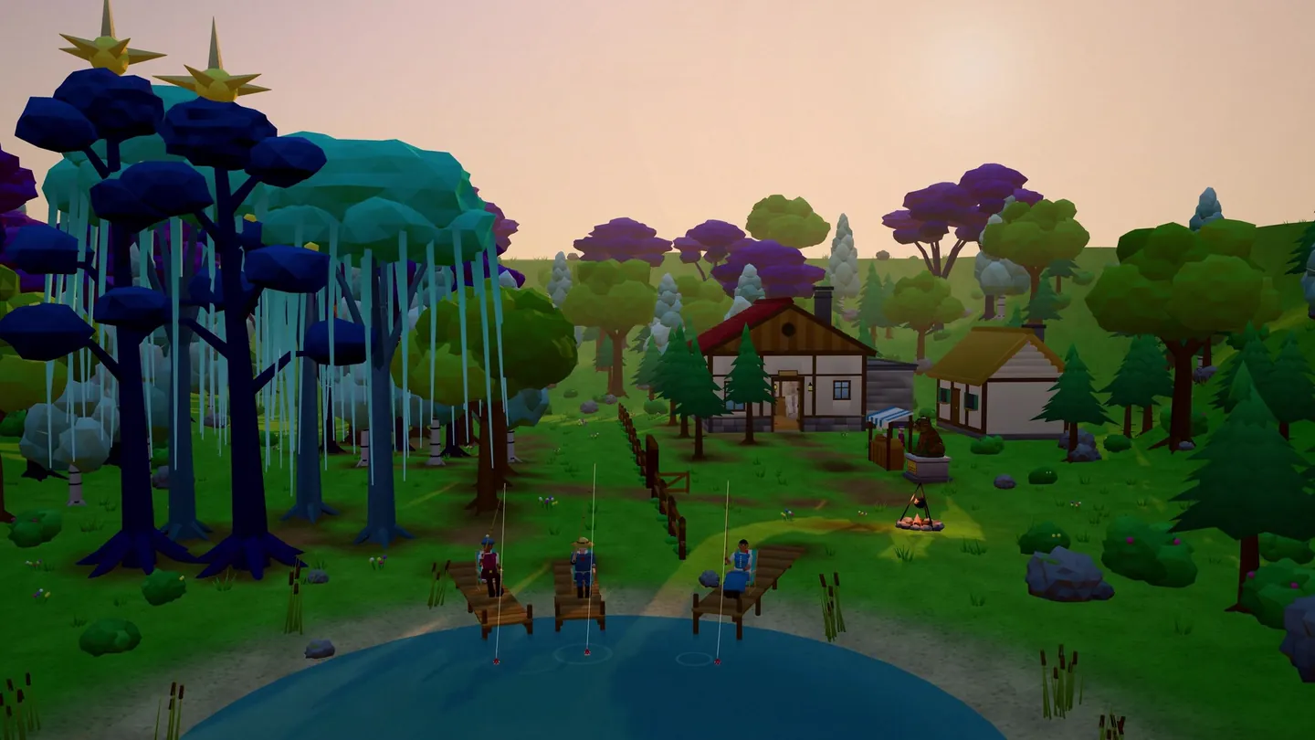 Holtgrove at golden hour: three players fish from little piers on the pond, below purple and teal trees and a timber cottage.