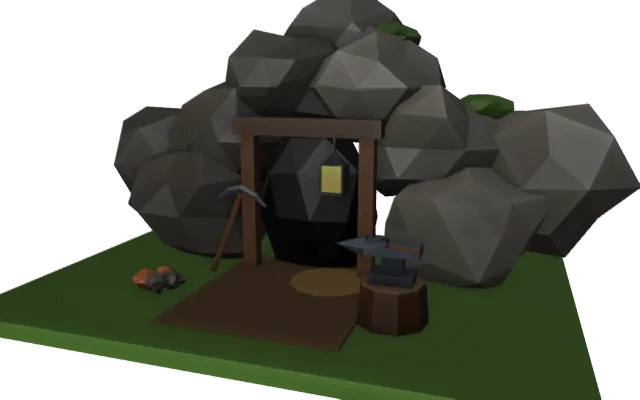A timber-framed cave mouth with a lantern, a pickaxe, and an anvil